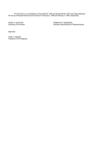 This Act which is a consolidation of House Bill No. 7420 and Senate Bill No. 2357 was finally passed by
the House of Representatives and the Senate on February 6, 1998 and February 4, 1998, respectively.
HEZEL P. GACUTAN ROBERTO P. NAZARENO
Secretary of the Senate Secretary GeneralHouse of Representatives
Approved:
FIDEL V. RAMOS
President of the Philippines
 