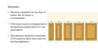 • Doorways should be no less than 32
inches, but 36 inches is
recommended.
• If for some reason a swinging door is
not practical a pocket door is a very
good option.
• One doorway should be a minimum
of 36 inches to allow more room for
moving appliances.
 