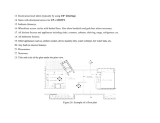 13. Room/area/closet labels (typically by using 1/8" lettering).
14. Stairs with directional arrows for UP or DOWN.
15. Indicate chimneys.
16. Wheelchair access circles with dashed lines. Also show handrails and grab bars where necessary.
17. All kitchen fixtures and appliances including sinks, counters, cabinets, shelving, range, refrigerator, etc.
18. All bathroom fixtures.
19. Other appliances such as clothes washer, dryer, laundry tubs, water softener, hot water tank, etc.
20. Any built-in interior features.
21. Dimensions.
22. Notations.
23. Title and scale of the plan under the plan view.
Figure 26. Example of a floor plan
 
