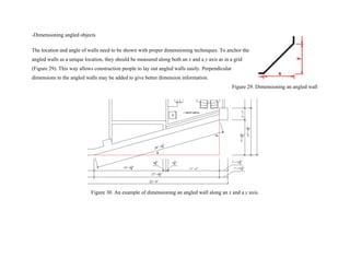 -Dimensioning angled objects
The location and angle of walls need to be shown with proper dimensioning techniques. To anchor the
angled walls as a unique location, they should be measured along both an x and a y axis as in a grid
(Figure 29). This way allows construction people to lay out angled walls easily. Perpendicular
dimensions to the angled walls may be added to give better dimension information.
Figure 29. Dimensioning an angled wall
Figure 30. An example of dimensioning an angled wall along an x and a y axis.
 