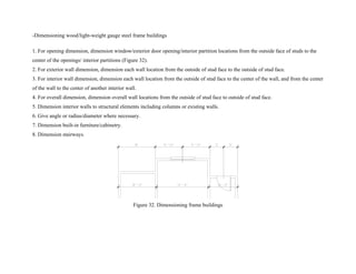 -Dimensioning wood/light-weight gauge steel frame buildings
1. For opening dimension, dimension window/exterior door opening/interior partition locations from the outside face of studs to the
center of the openings/ interior partitions (Figure 32).
2. For exterior wall dimension, dimension each wall location from the outside of stud face to the outside of stud face.
3. For interior wall dimension, dimension each wall location from the outside of stud face to the center of the wall, and from the center
of the wall to the center of another interior wall.
4. For overall dimension, dimension overall wall locations from the outside of stud face to outside of stud face.
5. Dimension interior walls to structural elements including columns or existing walls.
6. Give angle or radius/diameter where necessary.
7. Dimension built-in furniture/cabinetry.
8. Dimension stairways.
Figure 32. Dimensioning frame buildings
 