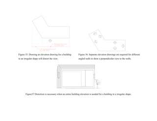 Figure 35. Drawing an elevation drawing for a building Figure 36. Separate elevation drawings are required for different
in an irregular shape will distort the view. angled walls to show a perpendicular view to the walls.
uildinFigure37 Distortion is necessary when an entire b g elevation is needed for a building in a irregular shape.
 