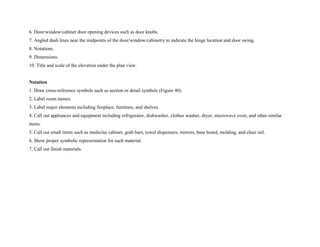 6. Door/window/ca
7. Angled dash lines near the midpoints of the door/window/cabinetry to indicate the hinge location and door swing.
9. Dimensions.
ation under the plan view.
symbols (Figure 40).
ilar
all items such as medicine cabinet, grab bars, towel dispensers, mirrors, base board, molding, and chair rail.
. Call out finish materials.
binet door opening devices such as door knobs.
8. Notations.
10. Title and scale of the elev
Notation
1. Draw cross-reference symbols such as section or detail
2. Label room names.
3. Label major elements including fireplace, furniture, and shelves.
4. Call out appliances and equipment including refrigerator, dishwasher, clothes washer, dryer, microwave oven, and other sim
items.
5. Call out sm
6. Show proper symbolic representation for each material.
7
 