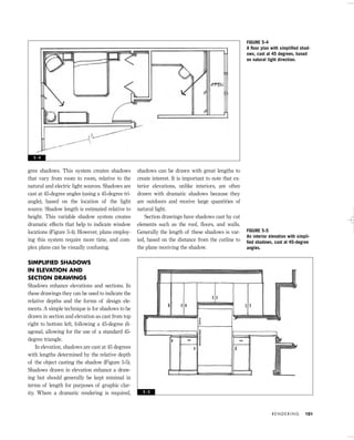 gree shadows. This system creates shadows
that vary from room to room, relative to the
natural and electric light sources. Shadows are
cast at 45-degree angles (using a 45-degree tri-
angle), based on the location of the light
source. Shadow length is estimated relative to
height. This variable shadow system creates
dramatic effects that help to indicate window
locations (Figure 5-4). However, plans employ-
ing this system require more time, and com-
plex plans can be visually confusing.
SIMPLIFIED SHADOWS
IN ELEVATION AND
SECTION DRAWINGS
Shadows enhance elevations and sections. In
these drawings they can be used to indicate the
relative depths and the forms of design ele-
ments. A simple technique is for shadows to be
drawn in section and elevation as cast from top
right to bottom left, following a 45-degree di-
agonal, allowing for the use of a standard 45-
degree triangle.
In elevation, shadows are cast at 45 degrees
with lengths determined by the relative depth
of the object casting the shadow (Figure 5-5).
Shadows drawn in elevation enhance a draw-
ing but should generally be kept minimal in
terms of length for purposes of graphic clar-
ity. Where a dramatic rendering is required,
shadows can be drawn with great lengths to
create interest. It is important to note that ex-
terior elevations, unlike interiors, are often
drawn with dramatic shadows because they
are outdoors and receive large quantities of
natural light.
Section drawings have shadows cast by cut
elements such as the roof, ﬂoors, and walls.
Generally the length of these shadows is var-
ied, based on the distance from the cutline to
the plane receiving the shadow.
R E N D E R I N G 101
FIGURE 5-4
A ﬂoor plan with simpliﬁed shad-
ows, cast at 45 degrees, based
on natural light direction.
FIGURE 5-5
An interior elevation with simpli-
ﬁed shadows, cast at 45-degree
angles.
5 - 4
5 - 5
IDVP 5 5/27/03 3:21 PM Page 101
 