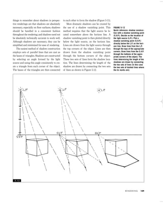 things to remember about shadows in perspec-
tive renderings are that shadows are absolutely
necessary, especially on ﬂoor surfaces; shadows
should be handled in a consistent fashion
throughout the rendering; and shadows need not
be absolutely technically accurate to work well.
Although shadows are necessary, they can be
simpliﬁed and minimized for ease of rendering.
The easiest method of shadow construction
employs sets of parallel lines that are cast as
the bases of triangles. Shadows are constructed
by selecting an angle formed by the light
source and using this angle consistently to cre-
ate a triangle from each corner of the object.
The bases of the triangles are then connected
to each other to form the shadow (Figure 5-11).
More dramatic shadows can be created by
the use of a shadow vanishing point. This
method requires that the light source be lo-
cated somewhere above the horizon line. A
shadow vanishing point is then plotted directly
below the light source, on the horizon line.
Lines are drawn from the light source through
the top corners of the object. Lines are then
drawn from the shadow vanishing point
through the bottom corners of the object.
These two sets of lines form the shadow loca-
tion. The lines determining the length of the
shadow are drawn by connecting the two sets
of lines as shown in Figure 5-12.
R E N D E R I N G 109
FIGURE 5-12
Quick reference: shadow construc-
tion with a shadow vanishing point
(S.V.P.). Decide on the location of
the light source (L.P.). Plot a
shadow vanishing point (S.V.P.)
directly below the L.P. on the hori-
zon line. Draw lines from the L.P.
through the tops of the appropriate
corners. Draw lines from the S.V.P.
through the bottoms of the appro-
priate corners of the object. The
lines determining the length of the
shadows are drawn by connecting
the two sets of lines (in this case
the two sets of dashed lines where
the tic marks are).
5 - 1 2
IDVP 5 5/27/03 3:22 PM Page 109
 
