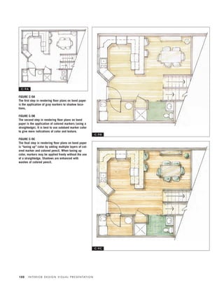 FIGURE C-9A
The ﬁrst step in rendering ﬂoor plans on bond paper
is the application of gray markers to shadow loca-
tions.
FIGURE C-9B
The second step in rendering ﬂoor plans on bond
paper is the application of colored markers (using a
straightedge). It is best to use subdued marker color
to give mere indications of color and texture.
FIGURE C-9C
The ﬁnal step in rendering ﬂoor plans on bond paper
is “tuning up” color by adding multiple layers of col-
ored marker and colored pencil. When tuning up
color, markers may be applied freely without the use
of a straightedge. Shadows are enhanced with
washes of colored pencil.
I N T E R I O R D E S I G N V I S U A L P R E S E N TAT I O N122
C - 9 A
C - 9 B
C - 9 C
IDVP 5.5 Color 12/15/03 4:00 PM Page 122
 