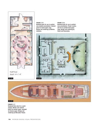 I N T E R I O R D E S I G N V I S U A L P R E S E N TAT I O N126
FIGURE C-17
Rendered ﬂoor plan for a yacht
project. Marker and colored
pencil on marker paper, mounted
on Canson paper. Design and
rendering by Mercedes Thauer.
FIGURE C-15
Rendered plan for use in prelimi-
nary student presentation. Colored
pencil on bond paper copy.
Design and rendering by Martina
Lehmann.
FIGURE C-16
Rendered plan for use in prelimi-
nary presentation. Pastel, marker,
and ink on printed bond paper
copy. Design and rendering by
Smart and Associates.
C - 1 5 C - 1 6
C - 1 7
IDVP 5.5 Color 12/15/03 4:00 PM Page 126
 