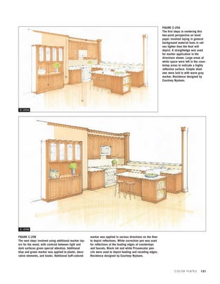 C O L O R P L AT E S 131
FIGURE C-25A
The ﬁrst steps in rendering this
two-point perspective on bond
paper involved laying in general
background material hues in val-
ues lighter than the ﬁnal will
depict. A straightedge was used
for marker application in the
directions shown. Large areas of
white space were left in the coun-
tertop areas to indicate a highly
reﬂective surface. Simple shad-
ows were laid in with warm gray
marker. Residence designed by
Courtney Nystuen.
FIGURE C-25B
The next steps involved using additional marker lay-
ers for the wood, with contrast between light and
dark surfaces given special attention. Additional
blue and green marker was applied to plants, deco-
rative elements, and books. Additional buff-colored
marker was applied in various directions on the ﬂoor
to depict reﬂections. White correction pen was used
for reﬂections at the leading edges of countertops
and faucets. Black ink and white Prisamcolor pen-
cils were used to depict leading and receding edges.
Residence designed by Courtney Nystuen.
C - 2 5 A
C - 2 5 B
IDVP 5.5 Color 12/15/03 4:00 PM Page 131
 