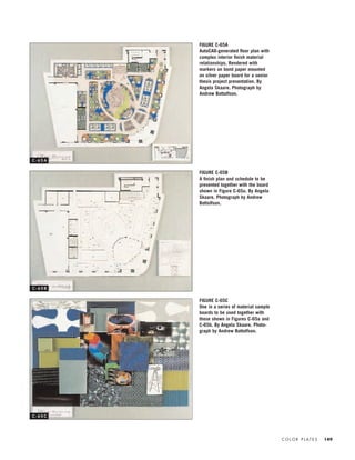 C O L O R P L AT E S 149
FIGURE C-65A
AutoCAD-generated ﬂoor plan with
complex interior ﬁnish material
relationships. Rendered with
markers on bond paper mounted
on silver paper board for a senior
thesis project presentation. By
Angela Skaare. Photograph by
Andrew Bottolfson.
FIGURE C-65B
A ﬁnish plan and schedule to be
presented together with the board
shown in Figure C-65a. By Angela
Skaare. Photograph by Andrew
Bottolfson.
FIGURE C-65C
One in a series of material sample
boards to be used together with
those shown in Figures C-65a and
C-65b. By Angela Skaare. Photo-
graph by Andrew Bottolfson.
C - 6 5 A
C - 6 5 B
C - 6 5 C
IDVP 5.5 Color 12/15/03 4:01 PM Page 149
 