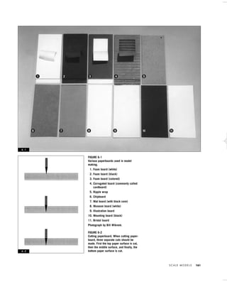 S C A L E M O D E L S 161
FIGURE 6-1
Various paperboards used in model
making.
1. Foam board (white)
2. Foam board (black)
3. Foam board (colored)
4. Corrugated board (commonly called
cardboard)
5. Ripple wrap
6. Chipboard
7. Mat board (with black core)
8. Museum board (white)
9. Illustration board
10. Mounting board (black)
11. Bristol board
Photograph by Bill Wikrent.
FIGURE 6-2
Cutting paperboard. When cutting paper-
board, three separate cuts should be
made. First the top paper surface is cut,
then the middle surface, and ﬁnally, the
bottom paper surface is cut.
6 - 1
6 - 2
1 2 3 4 5
6 7 8 9 10 11
IDVP 6 5/27/03 3:23 PM Page 161
 