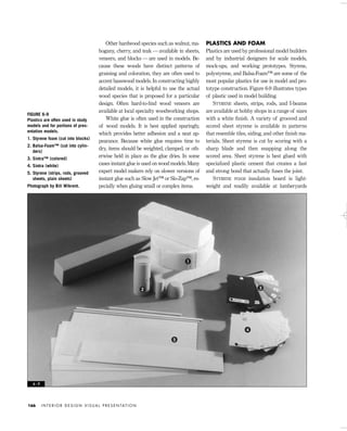 Other hardwood species such as walnut, ma-
hogany, cherry, and teak — available in sheets,
veneers, and blocks — are used in models. Be-
cause these woods have distinct patterns of
graining and coloration, they are often used to
accent basswood models. In constructing highly
detailed models, it is helpful to use the actual
wood species that is proposed for a particular
design. Often hard-to-ﬁnd wood veneers are
available at local specialty woodworking shops.
White glue is often used in the construction
of wood models. It is best applied sparingly,
which provides better adhesion and a neat ap-
pearance. Because white glue requires time to
dry, items should be weighted, clamped, or oth-
erwise held in place as the glue dries. In some
cases instant glue is used on wood models. Many
expert model makers rely on slower versions of
instant glue such as Slow Jet™ or Slo-Zap™, es-
pecially when gluing small or complex items.
PLASTICS AND FOAM
Plastics are used by professional model builders
and by industrial designers for scale models,
mock-ups, and working prototypes. Styrene,
polystyrene, and Balsa-Foam™ are some of the
most popular plastics for use in model and pro-
totype construction. Figure 6-9 illustrates types
of plastic used in model building.
STYRENE sheets, strips, rods, and I-beams
are available at hobby shops in a range of sizes
with a white ﬁnish. A variety of grooved and
scored sheet styrene is available in patterns
that resemble tiles, siding, and other ﬁnish ma-
terials. Sheet styrene is cut by scoring with a
sharp blade and then snapping along the
scored area. Sheet styrene is best glued with
specialized plastic cement that creates a fast
and strong bond that actually fuses the joint.
STYRENE FOAM insulation board is light-
weight and readily available at lumberyards
I N T E R I O R D E S I G N V I S U A L P R E S E N TAT I O N166
FIGURE 6-9
Plastics are often used in study
models and for portions of pres-
entation models.
1. Styrene foam (cut into blocks)
2. Balsa-Foam™ (cut into cylin-
ders)
3. Sintra™ (colored)
4. Sintra (white)
5. Styrene (strips, rods, grooved
sheets, plain sheets)
Photograph by Bill Wikrent.
6 - 9
1
2 3
4
5
IDVP 6 5/27/03 3:24 PM Page 166
 