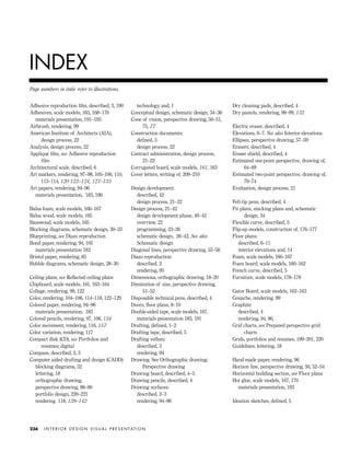INDEX
I N T E R I O R D E S I G N V I S U A L P R E S E N TAT I O N236
Adhesive reproduction ﬁlm, described, 3, 190
Adhesives, scale models, 163, 168–170
materials presentation, 191–193
Airbrush, rendering, 99
American Institute of Architects (AIA),
design process, 22
Analysis, design process, 22
Appliqué ﬁlm, see Adhesive reproduction
ﬁlm
Architectural scale, described, 6
Art markers, rendering, 97–98, 105–106, 110,
113–114, 120 122–124, 127–133
Art papers, rendering, 94–96
materials presentation, 183, 190
Balsa foam, scale models, 166–167
Balsa wood, scale models, 165
Basswood, scale models, 165
Blocking diagrams, schematic design, 30–33
Blueprinting, see Diazo reproduction
Bond paper, rendering, 94, 105
materials presentation 183
Bristol paper, rendering, 85
Bubble diagrams, schematic design, 28–30
Ceiling plans, see Reﬂected ceiling plans
Chipboard, scale models, 161, 163–164
Collage, rendering, 99, 122
Color, rendering, 104–106, 114–118, 122–129
Colored paper, rendering, 94–96
materials presentation, 183
Colored pencils, rendering, 97, 106, 134
Color movement, rendering, 116, 157
Color variation, rendering, 117
Compact disk (CD), see Portfolios and
resumes; digital
Compass, described, 2, 5
Computer aided drafting and design (CADD):
blocking diagrams, 32
lettering, 18
orthographic drawing,
perspective drawing, 88–90
portfolio design, 220–221
rendering 118, 139–142
technology and, 1
Conceptual design, schematic design, 34–36
Cone of vision, perspective drawing, 50–51,
75, 77
Construction documents:
deﬁned, 5
design process, 22
Contract administration, design process,
21–22
Corrugated board, scale models, 161, 163
Cover letters, writing of, 209–210
Design development:
described, 42
design process, 21–22
Design process, 21–42
design development phase, 40–42
overview, 22
programming, 23–26
schematic design, 26–42. See also
Schematic design
Diagonal lines, perspective drawing, 55–56
Diazo reproduction:
described, 2
rendering, 95
Dimensions, orthographic drawing, 18–20
Diminution of size, perspective drawing,
51–52
Disposable technical pens, described, 4
Doors, ﬂoor plans, 8–10
Double-sided tape, scale models, 167,
materials presentation 183, 191
Drafting, deﬁned, 1–2
Drafting tape, described, 5
Drafting vellum:
described, 3
rendering, 94
Drawing. See Orthographic drawing;
Perspective drawing
Drawing board, described, 4–5
Drawing pencils, described, 4
Drawing surfaces:
described, 2–3
rendering, 94–96
Dry cleaning pads, described, 4
Dry pastels, rendering, 98–99, 132
Electric eraser, described, 4
Elevations, 6–7. See also Interior elevations
Ellipses, perspective drawing, 57–59
Erasers, described, 4
Eraser shield, described, 4
Estimated one-point perspective, drawing of,
64–69
Estimated two-point perspective, drawing of,
70–74
Evaluation, design process, 21
Felt-tip pens, described, 4
Fit plans, stacking plans and, schematic
design, 34
Flexible curve, described, 5
Flip-up models, construction of, 176–177
Floor plans:
described, 6–11
interior elevations and, 14
Foam, scale models, 166–167
Foam board, scale models, 160–162
French curve, described, 5
Furniture, scale models, 178–178
Gator Board, scale models, 162–163
Gouache, rendering, 99
Graphite:
described, 4
rendering, 94, 96,
Grid charts, see Prepared perspective grid
charts
Grids, portfolios and resumes, 199–201, 220
Guidelines, lettering, 18
Hand-made paper, rendering, 96
Horizon line, perspective drawing, 50, 52–54
Horizontal building section, see Floor plans
Hot glue, scale models, 167, 170
materials presentation, 193
Ideation sketches, deﬁned, 5
Page numbers in italic refer to illustrations.
IDVP Appendices 5/27/03 3:33 PM Page 236
 