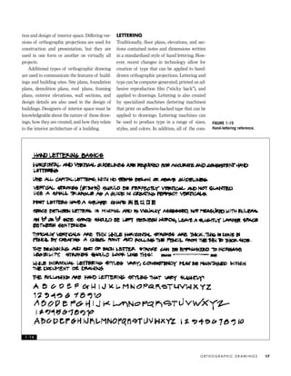 tion and design of interior space. Differing ver-
sions of orthographic projections are used for
construction and presentation, but they are
used in one form or another on virtually all
projects.
Additional types of orthographic drawing
are used to communicate the features of build-
ings and building sites. Site plans, foundation
plans, demolition plans, roof plans, framing
plans, exterior elevations, wall sections, and
design details are also used in the design of
buildings. Designers of interior space must be
knowledgeable about the nature of these draw-
ings, how they are created, and how they relate
to the interior architecture of a building.
LETTERING
Traditionally, ﬂoor plans, elevations, and sec-
tions contained notes and dimensions written
in a standardized style of hand lettering. How-
ever, recent changes in technology allow for
creation of type that can be applied to hand-
drawn orthographic projections. Lettering and
type can be computer generated, printed on ad-
hesive reproduction ﬁlm (“sticky back”), and
applied to drawings. Lettering is also created
by specialized machines (lettering machines)
that print on adhesive-backed tape that can be
applied to drawings. Lettering machines can
be used to produce type in a range of sizes,
styles, and colors. In addition, all of the com-
O R T H O G R A P H I C D R AW I N G S 17
FIGURE 1-15
Hand-lettering reference.
1 - 1 4
IDVP 1 12/15/03 3:40 PM Page 17
 