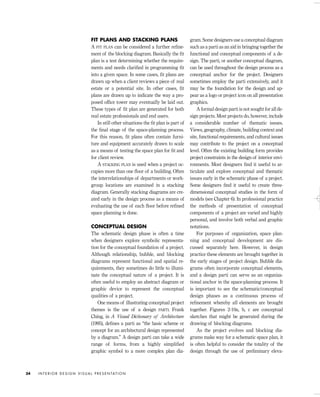 FIT PLANS AND STACKING PLANS
A FIT PLAN can be considered a further reﬁne-
ment of the blocking diagram. Basically the ﬁt
plan is a test determining whether the require-
ments and needs clariﬁed in programming ﬁt
into a given space. In some cases, ﬁt plans are
drawn up when a client reviews a piece of real
estate or a potential site. In other cases, ﬁt
plans are drawn up to indicate the way a pro-
posed ofﬁce tower may eventually be laid out.
These types of ﬁt plan are generated for both
real estate professionals and end users.
In still other situations the ﬁt plan is part of
the ﬁnal stage of the space-planning process.
For this reason, ﬁt plans often contain furni-
ture and equipment accurately drawn to scale
as a means of testing the space plan for ﬁt and
for client review.
A STACKING PLAN is used when a project oc-
cupies more than one ﬂoor of a building. Often
the interrelationships of departments or work-
group locations are examined in a stacking
diagram. Generally stacking diagrams are cre-
ated early in the design process as a means of
evaluating the use of each ﬂoor before reﬁned
space planning is done.
CONCEPTUAL DESIGN
The schematic design phase is often a time
when designers explore symbolic representa-
tion for the conceptual foundation of a project.
Although relationship, bubble, and blocking
diagrams represent functional and spatial re-
quirements, they sometimes do little to illumi-
nate the conceptual nature of a project. It is
often useful to employ an abstract diagram or
graphic device to represent the conceptual
qualities of a project.
One means of illustrating conceptual project
themes is the use of a design PARTI. Frank
Ching, in A Visual Dictionary of Architecture
(1995), deﬁnes a parti as “the basic scheme or
concept for an architectural design represented
by a diagram.” A design parti can take a wide
range of forms, from a highly simplified
graphic symbol to a more complex plan dia-
gram. Some designers use a conceptual diagram
such as a parti as an aid in bringing together the
functional and conceptual components of a de-
sign. The parti, or another conceptual diagram,
can be used throughout the design process as a
conceptual anchor for the project. Designers
sometimes employ the parti extensively, and it
may be the foundation for the design and ap-
pear as a logo or project icon on all presentation
graphics.
A formal design parti is not sought for all de-
sign projects. Most projects do, however, include
a considerable number of thematic issues.
Views, geography, climate, building context and
site, functional requirements, and cultural issues
may contribute to the project on a conceptual
level. Often the existing building form provides
project constraints in the design of interior envi-
ronments. Most designers ﬁnd it useful to ar-
ticulate and explore conceptual and thematic
issues early in the schematic phase of a project.
Some designers ﬁnd it useful to create three-
dimensional conceptual studies in the form of
models (see Chapter 6). In professional practice
the methods of presentation of conceptual
components of a project are varied and highly
personal, and involve both verbal and graphic
notations.
For purposes of organization, space plan-
ning and conceptual development are dis-
cussed separately here. However, in design
practice these elements are brought together in
the early stages of project design. Bubble dia-
grams often incorporate conceptual elements,
and a design parti can serve as an organiza-
tional anchor in the space-planning process. It
is important to see the schematic/conceptual
design phases as a continuous process of
reﬁnement whereby all elements are brought
together. Figures 2-10a, b, c are conceptual
sketches that might be generated during the
drawing of blocking diagrams.
As the project evolves and blocking dia-
grams make way for a schematic space plan, it
is often helpful to consider the totality of the
design through the use of preliminary eleva-
I N T E R I O R D E S I G N V I S U A L P R E S E N TAT I O N34
IDVP 2 5/27/03 4:10 PM Page 34
 