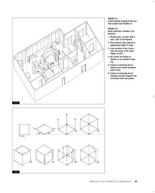 PA R A L I N E A N D P E R S P E C T I V E D R AW I N G S 49
FIGURE 3-4
A plan oblique drawing of the Eco
Toys project (see Chapter 2).
FIGURE 3-5
Quick reference: isometric con-
struction.
1. Redraw plan, in scale, with x
and y axes at 30 degrees.
2. Draw vertical lines upward to
appropriate height in scale.
3. Lines parallel to the x and y
axes are drawn at the same
angles as plan.
4. All circles are drawn as
ellipses in an isometric draw-
ing.
5. Create an enclosing box to
measure and locate nonaxono-
metric lines.
6. Create an enclosing box to
measure and plot irregular and
curvilinear lines and planes.
3 - 4
3 - 5
IDVP 3 5/27/03 4:57 PM Page 49
 