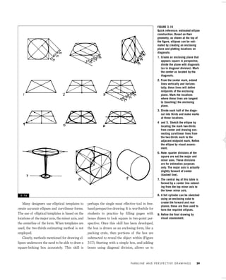 Many designers use elliptical templates to
create accurate ellipses and curvilinear forms.
The use of elliptical templates is based on the
locations of the major axis, the minor axis, and
the centerline of the form. When templates are
used, the two-thirds estimating method is not
employed.
Clearly, methods mentioned for drawing el-
lipses underscore the need to be able to draw a
square-looking box accurately. This skill is
perhaps the single most effective tool in free-
hand perspective drawing. It is worthwhile for
students to practice by filling pages with
boxes drawn to look square in two-point per-
spective. Once this skill has been developed,
the box is drawn as an enclosing form, like a
packing crate, then portions of the box are
subtracted to reveal the object within (Figure
3-17). Starting with a simple box, and adding
boxes using diagonal division, allows us to
PA R A L I N E A N D P E R S P E C T I V E D R AW I N G S 59
FIGURE 3-16
Quick reference: estimated ellipse
construction. Based on their
geometry, as shown at the top of
the ﬁgure, ellipses can be esti-
mated by creating an enclosing
plane and plotting locations on
diagonals:
1. Create an enclosing plane that
appears square in perspectve;
divide the plane with diagonals
(as in diagonal division). Mark
the center as located by the
diagonals.
2. From the center mark, extend
lines vertically and horizon-
tally; these lines will deﬁne
midpoints of the enclosing
plane. Mark the locations
where these lines are tangent
to (touching) the enclosing
plane.
3. Divide each half of the diago-
nal into thirds and make marks
at these locations.
4 and 5. Sketch the ellipse by
locating the mark two-thirds
from center and drawing con-
necting curvilinear lines from
the two-thirds mark to the
adjacent midpoint mark. Reﬁne
the ellipse by visual assess-
ment.
6. Note: quarter divisions of the
square are not the major and
minor axes. These divisions
are for estimation purposes
only. The major axis is actually
slightly forward of center
(dashed line).
7. The central leg of this table is
formed by a center line extend-
ing from the top minor axis to
the lower minor axis.
8. A full cylinder can be sketched
using an enclosing cube to
create the forward and rear
planes; these are then used to
form the required ellipses.
9. Reﬁne the ﬁnal drawing by
visual assessment.
3 - 1 6
IDVP 3 5/27/03 4:58 PM Page 59
 