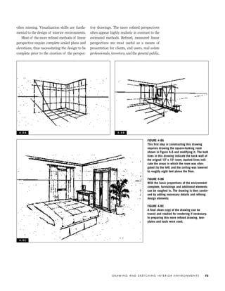 often missing. Visualization skills are funda-
mental to the design of interior environments.
Most of the more reﬁned methods of linear
perspective require complete scaled plans and
elevations, thus necessitating the design to be
complete prior to the creation of the perspec-
tive drawings. The more reﬁned perspectives
often appear highly realistic in contrast to the
estimated methods. Reﬁned, measured linear
perspectives are most useful as a means of
presentation for clients, end users, real estate
professionals, investors, and the general public.
D R AW I N G A N D S K E T C H I N G I N T E R I O R E N V I R O N M E N T S 73
FIGURE 4-8A
This ﬁrst step in constructing this drawing
requires drawing the square-looking room
shown in Figure 4-6 and modifying it. The bold
lines in this drawing indicate the back wall of
the orignal 10' x 10' room; dashed lines indi-
cate the areas in which the room was elon-
gated (to the left) and the ceiling was lowered
to roughly eight feet above the ﬂoor.
FIGURE 4-8B
With the basic proportions of the environment
complete, furnishings and additional elements
can be roughed in. The drawing is then contin-
ued by adding necessary details and reﬁning
design elements
FIGURE 4-8C
A ﬁnal clean copy of the drawing can be
traced and readied for rendering if necessary.
In preparing this more reﬁned drawing, tem-
plates and tools were used.
4 - 8 A
4 - 8 C
4 - 8 B
IDVP 4 12/15/03 3:46 PM Page 73
 