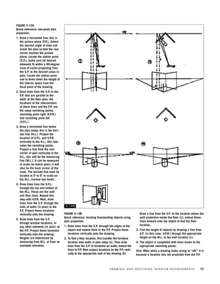 FIGURE 4-10B
Quick reference: locating freestanding objects using
plan projection.
1. Draw lines from the S.P. through the edges of the
object and extend them to the P.P. Project these
locations vertically onto the drawing.
2. To ﬁnd a ﬂoor location, ﬁrst transfer the furniture
location onto walls in plan setup (a). Then draw
lines from the S.P. to locations on walls; extend the
lines to P.P. Next project locations on the P.P. verti-
cally to the appropriate wall in the drawing (b).
Draw a line from the V.P. to the location where the
wall projection meets the ﬂoor (c); extend these
lines forward onto the object to ﬁnd the ﬂoor
location.
3. Find the height of objects by drawing a line from
V.P. (in this case, V.P.R.) through the appropriate
height on the M.L. to the wall location (c).
4. The object is completed with lines drawn to the
appropriate vanishing points.
Hint: Often when a drawing looks wrong or “off,” it is
because a location was not projected from the P.P.
D R AW I N G A N D S K E T C H I N G I N T E R I O R E N V I R O N M E N T S 77
FIGURE 4-10A
Quick reference: two-point plan
projection.
1. Draw a horizontal line; this is
the picture plane (P.P.). Select
the desired angle of view and
orient the plan so that the rear
corner touches the picture
plane. Locate the station point
(S.P.); make sure all desired
elements ﬁt within a 60-degree
cone of vision projecting from
the S.P. to the desired areas in
plan. Locate the station point
one to three times the height of
the interior space from the
focal point of the drawing.
2. Draw lines from the S.P. to the
P.P. that are parallel to the
walls of the ﬂoor plan; the
locations of the intersections
of these lines and the P.P. are
the setup vanishing points,
vanishing point right (V.P.R.)
and vanishing point left
(V.P.L.).
3. Draw a horizontal line below
the plan setup; this is the hori-
zon line (H.L.). Project the
location of V.P.L. and V.P.R.
vertically to the H.L.; this relo-
cates the vanishing points.
Project a line from the rear
corner of plan vertically to the
H.L.; this will be the measuring
line (M.L.). It can be measured
in scale (to match plan); it will
also be the back corner of the
room. The horizon line must be
located at 5' to 6' in scale on
the M.L. (normal eye level).
4. Draw lines from the V.P.L.
through the top and bottom of
the M.L. These are the wall
and ﬂoor lines. Repeat this
step with V.P.R. Next, draw
lines from the S.P. through the
ends of walls (in plan) to the
P.P. Project these locations
vertically onto the drawing.
5. Draw lines from the S.P.
through window locations, or
any other elements (in plan), to
the P.P. Project these locations
vertically onto the drawing.
Heights are determined by
measuring from M.L. or from an
available elevation.
4 - 1 0 B
IDVP 4 12/15/03 3:46 PM Page 77
 