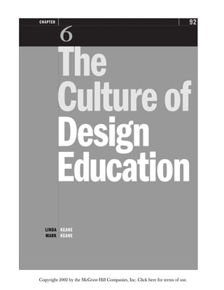 92
CHAPTER

The
Cultureof
Design
Education
LINDA KEANE
MARK KEANE
Copyright 2002 by the McGraw-Hill Companies, Inc. Click here for terms of use.
 