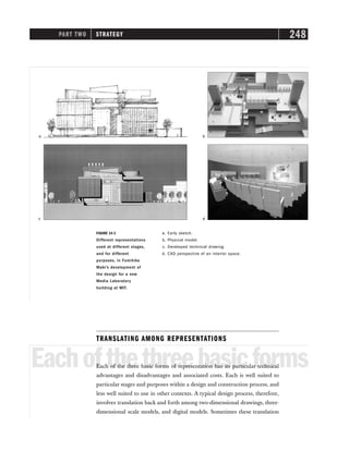 PART TWO STRATEGY 248
TRANSLATING AMONG REPRESENTATIONS
Eachofthethreebasicforms
Each of the three basic forms of representation has its particular technical
advantages and disadvantages and associated costs. Each is well suited to
particular stages and purposes within a design and construction process, and
less well suited to use in other contexts. A typical design process, therefore,
involves translation back and forth among two-dimensional drawings, three-
dimensional scale models, and digital models. Sometimes these translation
FIGURE 14-1
Different representations
used at different stages,
and for different
purposes, in Fumihiko
Maki’s development of
the design for a new
Media Laboratory
building at MIT.
a. Early sketch.
b. Physical model.
c. Developed technical drawing.
d. CAD perspective of an interior space.
a
c d
b
 