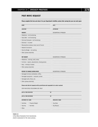 CHAPTER 19 SPECIALTY PRACTICES 379
POST-MOVE REQUEST
Please complete this form and return it to your Department’s facilities contact after moving into your new work space
NAME DATE
LOCATION EXTENSION
URGENT! DESCRIPTION OF PROBLEM
 Telephone – not functioning
 Voice Mail – not functioning
 Terminal/Computer– not functioning
 Electrical – no power
 Missing Items (please check Lost  Found)
 Network Connection
 Security Badge – not working
 Other (please describe)
NOT URGENT DESCRIPTION OF PROBLEM
 Telephone – training, cords, setup
 Furniture – repairs, adjustments, missing pieces
 Keys – missing or broken
 Other (please describe)
REPORT OF DAMAGE DURING MOVE DESCRIPTION OF PROBLEM
 Damaged furniture workstation, office,
 Damaged equipment – computer, printer
 Damaged walls, floors, etc.
 Other (please describe)
Please note that all requests will be prioritized and responded to in order received.
FOR FACILITIES/TELECOMM USE ONLY
DATE  TIME RECEIVED BY
DATE  TIME REFERRED BY
REFERRED TO: NAME RESOLVED: NAME
 Facilities  Property Mngmt  Yes/Date
 Security  Tel/Data  No/Reason
 Other
FIGURE 19-3
A Post-Move Evaluation Form benchmarks
client’s assessment of the move process.
 