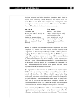 structure. We didn’t have space or chairs or employees.’” Once again, the
interior design community is made of aware of their position in the food
chain of the dot.com client. In fact, designers can achieve greater under-
standing of the needs of dot.com companies if they compare “old world” and
“new world” realities in the dot.com business community.
Some of the“old world”executives are being chosen to lead these“newworld”
companies. Rick Inatome, CEO of an Internet education company, ZapMe
Corporation, felt like a stranger in a foreign land when he left the glamorous
trappings of a Fortune 500 business at the age of 46. D. M. Osborne, a senior
writer at Inc., interviewed Inatome for the March 2000 cover story, “Getting
It.” He described Inatome’s first days: “Instead of working in an executive
suite with a private washroom, Inatome spent his first weeks at ZapMe, based
in San Ramon, California, perched on a box in a six-by-six foot cubicle. One
day a boisterous young Web designer thrust out his hand and casually
inquired of the CEO,‘So, what do you do here?’”
The implications of these scenarios are significant to the interior designer.
With the old rules becoming outdated, and new ones being introduced, dis-
missed, and reintroduced with a different twist, it is imperative that design
professionals stay current. It is no longer enough to attend the design indus-
try conferences, but it is increasingly important to attend the many confer-
ences that are targeted to the new economy companies. Similarly, it is
commonplace for one to find Fast Company, Wired, and Red Herring publi-
cations on the desks of interior designers working for dot.com clients.
Diane Schroeder, Design Director at GHK, has worked with several emerg-
ing e-business companies, leading the design of their spaces to reflect their
culture and new identity. She summarizes the differences: “These companies
Old World
Currency is cash.
Market value is based on doing the
right thing.
Stock prices increase with the
announcement of a new partnership.
There are established rules of
hierarchy.
New World
Currency is stock options.
Market value is based on doing
the instantaneous thing.
Stock prices increase with the
announcement of a big sale.
There are few rules and flatter
organizations.
CHAPTER 19 SPECIALTY PRACTICES 423
 