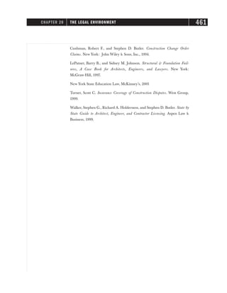 Cushman, Robert F., and Stephen D. Butler. Construction Change Order
Claims. New York: John Wiley  Sons, Inc., 1994.
LePatner, Barry B., and Sidney M. Johnson. Structural  Foundation Fail-
ures, A Case Book for Architects, Engineers, and Lawyers. New York:
McGraw-Hill, 1997.
New York State Education Law, McKinney’s, 2001
Turner, Scott C. Insurance Coverage of Construction Disputes. West Group,
1999.
Walker, Stephen G., Richard A. Holderness, and Stephen D. Butler. State by
State Guide to Architect, Engineer, and Contractor Licensing. Aspen Law 
Business, 1999.
CHAPTER 20 THE LEGAL ENVIRONMENT 461
 