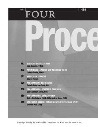 480
482 SCOPE OF SERVICE CHART
Eva Maddox, FIIDA
492 POSITIONING: SEEKING AND SECURING WORK
Lisbeth Quebe, FSMPS
512 PREDESIGN SERVICES
Sharon Turner
526 PROGRAMMING FOR CHANGE
Pamela Anderson-Brulé,AIA
538 PROGRAMMING: STRATEGIC PLANNING
Debra Lehman-Smith, IIDA
550 PROGRAMMING: SHARED VISION
Andre Staffelbach, FASID, FIIDA and Jo Heinz, FIIDA
560 SCHEMATIC DESIGN: COMMUNICATING THE DESIGN SPIRIT
Orlando Diaz-Azcuy
PART

Proce
Copyright 2002 by the McGraw-Hill Companies, Inc. Click here for terms of use.
 