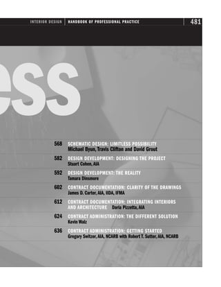 568 SCHEMATIC DESIGN: LIMITLESS POSSIBILITY
Michael Byun,Travis Clifton and David Grout
582 DESIGN DEVELOPMENT: DESIGNING THE PROJECT
Stuart Cohen,AIA
592 DESIGN DEVELOPMENT: THE REALITY
Tamara Dinsmore
602 CONTRACT DOCUMENTATION: CLARITY OF THE DRAWINGS
James D. Carter,AIA, IIDA, IFMA
612 CONTRACT DOCUMENTATION: INTEGRATING INTERIORS
AND ARCHITECTURE Daria Pizzetta,AIA
624 CONTRACT ADMINISTRATION: THE DIFFERENT SOLUTION
Kevin Walz
636 CONTRACT ADMINISTRATION: GETTING STARTED
Gregory Switzer,AIA, NCARB with Robert T. Sutter,AIA, NCARB
ess
INTERIOR DESIGN HANDBOOK OF PROFESSIONAL PRACTICE 481
 