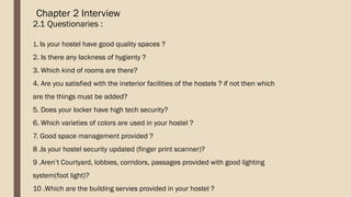 2.1 Questionaries :
1. Is your hostel have good quality spaces ?
2. Is there any lackness of hygienty ?
3. Which kind of rooms are there?
4. Are you satisfied with the ineterior facilities of the hostels ? if not then which
are the things must be added?
5. Does your locker have high tech security?
6. Which varieties of colors are used in your hostel ?
7. Good space management provided ?
8 .Is your hostel security updated (finger print scanner)?
9 .Aren’t Courtyard, lobbies, corridors, passages provided with good lighting
system(foot light)?
10 .Which are the building servies provided in your hostel ?
Chapter 2 Interview
 