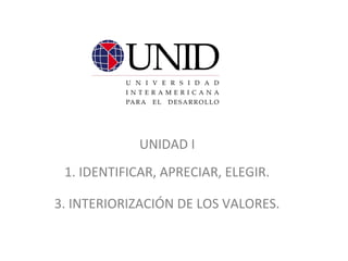 UNIDAD I
1. IDENTIFICAR, APRECIAR, ELEGIR.
3. INTERIORIZACIÓN DE LOS VALORES.
 