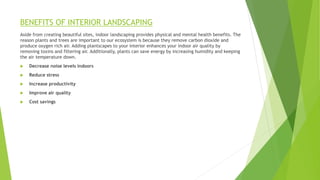 BENEFITS OF INTERIOR LANDSCAPING
Aside from creating beautiful sites, indoor landscaping provides physical and mental health benefits. The
reason plants and trees are important to our ecosystem is because they remove carbon dioxide and
produce oxygen rich air. Adding plantscapes to your interior enhances your indoor air quality by
removing toxins and filtering air. Additionally, plants can save energy by increasing humidity and keeping
the air temperature down.
 Decrease noise levels indoors
 Reduce stress
 Increase productivity
 Improve air quality
 Cost savings
 