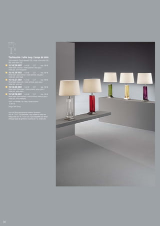 Ø 350
              640




     Tischleuchte / table lamp / lampe de table
     Schirmmaterial: Chintz naturweiß 135 / shade: chintz white 135 /
     ABJ: chintz blanc 135
     16.142.30-3831 1 x A 60                 E 27         max. 100 W
     Nickel blank, Glas klar / nickel polished, clear glass /
     nickel poli, verre transparent
     16.142.50-3831 1 x A 60                  E 27        max. 100 W
     Nickel blank, Glas rubinrot / nickel polished, red glass /
     nickel poli, verre rouge
     16.142.37-3831 1 x A 60                 E 27        max. 100 W
     Nickel blank, Glas grün / nickel polished, green glass /
     nickel poli, verre vert
     16.142.36-3831 1 x A 60                E 27        max. 100 W
     Nickel blank, Glas amber / nickel polished, amber glass /
     nickel poli, verre ambre
     16.142.38-3831 1 x A 60                E 27        max. 100 W
     Nickel blank, Glas amethyst / nickel polished, amethyst glass /
     nickel poli, verre améthyste
     Empf. Leuchtmittel / rec. lamp / lampe recomm.:
     73.561.00
     Design Tech Group


     Auch mit Niedrigenergielampe neuester Generation
     (Art.-Nr. 73.027.20) bestückbar / also suitable for latest low
     energy lamp (art.-no. 73.027.20) / aussi adaptable pour lampe
     d’énergie basse de génération nouvelle (art.-no. 73.027.20)




34
 