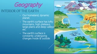 INTERIOR OF THE EARTH
• Our homeland, dynamic
planet.
• The earth’s surface has lofty
mountains, high plateaus,
large plains and deep valleys
etc.
• The earth’s surface is
constantly undergoing
changes inside & outside.
 