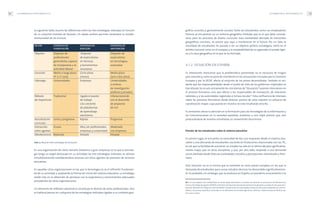 LA FORMACIÓN DE PROFESIONALES TIC 73
gráfico concreto y generalmente cercano. Tanto los estudiantes como sus empleadores
futuros se encuentran en un entorno geográfico limitado que es el que debe conside-
rarse para los procesos de diseño curricular. Esta mentalidad derivada de horizontes
geográficos cercanos, no parece que vaya a mantenerse en el futuro. Por un lado, la
movilidad de estudiantes ha pasado a ser un objetivo político estratégico, tanto en el
ámbito nacional como en el europeo, y la empleabilidad de un egresado no puede ligar-
se a la zona geográfica en la que se ha formado.
4.1.2. SITUACIÓN EN ESPAÑA
Es interesante mencionar que la problemática presentada no es exclusiva de ningún
país concreto y,como se pone de manifiesto en las actuaciones iniciadas por la Comisión
Europea y por la OCDE, afecta al conjunto de los países desarrollados. También es evi-
dente que las responsabilidades desde el punto de vista de los gobiernos implicados se
han diluido.Ya no son únicamente los ministerios de“Educación”quienes intervienen en
el proceso formativo, sino que afecta a los responsables de innovación, de relaciones
laborales, y a las autoridades regionales e incluso locales28
. Esta confluencia de intereses
sobre los procesos formativos desde diversos puntos de vista requiere un esfuerzo de
coordinación mayor, cuya puesta en marcha no está resultando sencilla.
Si centramos ahora la atención en la formación para las Tecnologías de la Información y
las Comunicaciones en la sociedad española, asistimos a una triple presión que, aún
produciéndose de manera simultánea, es conveniente discriminar.
Presión de los estudiantes sobre el sistema educativo
En primer lugar, se encuentra la necesidad de dar una respuesta desde el sistema edu-
cativo a una demanda de estudiantes creciente en titulaciones relacionadas con las TIC,
en las que la facilidad de encontrar un empleo ha sido en la última década significativa-
mente mayor que en otras disciplinas, y que, por otro lado, responde a una demanda
social alentada desde diversas autoridades, estudios y percepciones individuales y fami-
liares.
Esta situación no es la misma que la existente en otros países europeos en los que la
demanda de estudiantes para cursar estudios técnicos ha descendido significativamen-
te. Es probable, sin embargo, que se produzca en España un paulatino acercamiento a la
LA FORMACIÓN DE PROFESIONALES TIC72
La siguiente tabla resume las diferencias entre las tres estrategias indicadas en función
de un conjunto limitado de factores. Un rápido análisis permite comprobar la comple-
mentariedad de las mismas.
FACTOR ESTRATEGIA DE ESTRATEGIA DE ESTRATEGIA DE
PLANIFICACIÓN REACCIÓN ANTICIPACIÓN
Objetivo Disponer de Disponer Disponer de
profesionales de especialistas especialistas
generalistas capaces en técnicas en tecnologías
de incorporarse a la y herramientas avanzadas
actividad laboral necesarias
Duración Medio o largo plazo Corto plazo Medio plazo
(1º o 2º ciclo) (meses) (uno o dos años)
Liderazgo Universidades Empresas Universidades
o centros
de investigación
públicos y privados
Método Tradicional Ligada al puesto Interaccionando
de impartición de trabajo con el desarrollo
Uso creciente de proyectos
de plataformas de I+D
de aprendizaje
electrónico
Actualización Lenta y progresiva Rápida Progresiva
curricular
Interacción Escasa Alta, con profesionales, Moderada,
entre agentes empresas y universidad con empresas
Obsolescencia Reducida Elevada Elevada
Tabla 4. Relación entre estrategias de formación
En una organización de cierto tamaño (mediana o gran empresa), en la que la tecnolo-
gía tenga un papel destacado en su actividad, las tres estrategias indicadas se utilizan
simultáneamente estableciéndose alianzas con otros agentes de provisión de servicios
educativos.
En aquellas otras organizaciones en las que la tecnología no es el referente fundamen-
tal de su actividad, y aceptando la formación inicial del sistema educativo, su estrategia
reside más en la obtención de personas con la experiencia y conocimientos adecuados
procedentes de otras organizaciones.
Un elemento de reflexión adicional lo constituye el destino de estos profesionales. Aún
es habitual pensar en cualquiera de las estrategias indicadas ligadas a un contexto geo-
28 En el caso español, esta multiplicidad de actores gubernamentales se concreta actualmente en actuaciones del Ministerio de
Ciencia yTecnología (programa FORINTEL),Ministerio de Educación (aprobación de directrices generales y aceptación de nuevas titu-
laciones), Ministerio de Trabajo (a través del INEM), Consejerías de las Comunidades Autónomas (de quienes dependen las universi-
dades) y actuaciones específicas sectoriales en los Ministerios de Sanidad, Agricultura, Defensa, o Administraciones Públicas, por
citar unos cuantos.
 