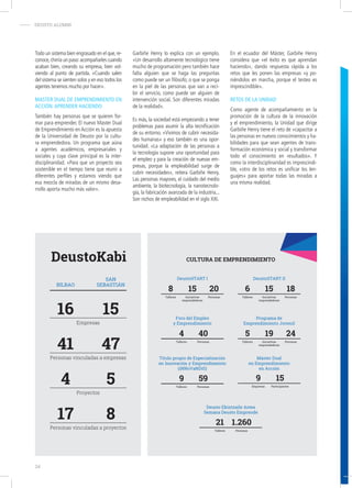 - DEUSTO ALUMNI
Todo un sistema bien engrasado en el que,re-
conoce,chirría un paso:acompañarles cuando
acaban bien, creando su empresa, bien vol-
viendo al punto de partida. «Cuando salen
del sistema se sienten solos y en eso todos los
agentes tenemos mucho por hacer».
Master Dual de Emprendimiento en
Acción:aprender haciendo
También hay personas que se quieren for-
mar para emprender. El nuevo Master Dual
de Emprendimiento en Acción es la apuesta
de la Universidad de Deusto por la cultu-
ra emprendedora. Un programa que aúna
a agentes académicos, empresariales y
sociales y cuya clave principal es la inter-
disciplinaridad. «Para que un proyecto sea
sostenible en el tiempo tiene que reunir a
diferentes perfiles y estamos viendo que
esa mezcla de miradas de un mismo desa-
rrollo aporta mucho más valor».
Garbiñe Henry lo explica con un ejemplo.
«Un desarrollo altamente tecnológico tiene
mucho de programación pero también hace
falta alguien que se haga las preguntas
como puede ser un filósofo; o que se ponga
en la piel de las personas que van a reci-
bir el servicio, como puede ser alguien de
intervención social. Son diferentes miradas
de la realidad».
Es más, la sociedad está empezando a tener
problemas para asumir la alta tecnificación
de su entorno. «Vivimos de cubrir necesida-
des humanas» y eso también es una opor-
tunidad. «La adaptación de las personas a
la tecnología supone una oportunidad para
el empleo y para la creación de nuevas em-
presas, porque la empleabilidad surge de
cubrir necesidades», reitera Garbiñe Henry.
Las personas mayores, el cuidado del medio
ambiente, la biotecnología, la nanotecnolo-
gía, la fabricación avanzada de la industria...
Son nichos de empleabilidad en el siglo XXI.
En el ecuador del Máster, Garbiñe Henry
considera que «el éxito es que aprendan
haciendo», dando respuesta rápida a los
retos que les ponen las empresas «y po-
niéndolos en marcha, porque el testeo es
imprescindible».
Retos de la Unidad
Como agente de acompañamiento en la
promoción de la cultura de la innovación
y el emprendimiento, la Unidad que dirige
Garbiñe Henry tiene el reto de «capacitar a
las personas en nuevos conocimientos y ha-
bilidades para que sean agentes de trans-
formación económica y social y transformar
todo el conocimiento en resultados». Y
como la interdisciplinaridad es imprescindi-
ble, «otro de los retos es unificar los len-
guajes» para aportar todas las miradas a
una misma realidad.
DeustoKabi
SAN
SEBASTIÁNBILBAO
Empresas
1516
Personas vinculadas a empresas
4741
Proyectos
54
Personas vinculadas a proyectos
817
CULTURA DE EMPRENDIMIENTO
Deusto Ekintzaile Astea
Semana Deusto Emprende
21
Talleres
1.260
Personas
DeustoSTART I
8
Talleres
15
Iniciativas
emprendedoras
20
Personas
DeustoSTART II
6
Talleres
15
Iniciativas
emprendedoras
18
Personas
Foro del Empleo
y Emprendimiento
4
Talleres
40
Personas
Programa de
Emprendimiento Juvenil
5
Talleres
19
Iniciativas
emprendedoras
24
Personas
Título propio de Especialización
en Innovación y Emprendimeinto
(iNNoVaNDiS)
9
Talleres
59
Personas
Máster Dual
en Emprendimiento
en Acción
9
Empresas
15
Participantes
24
 