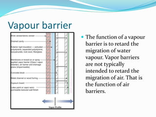 Vapour barrier
 The function of a vapour
barrier is to retard the
migration of water
vapour. Vapor barriers
are not typically
intended to retard the
migration of air. That is
the function of air
barriers.
 