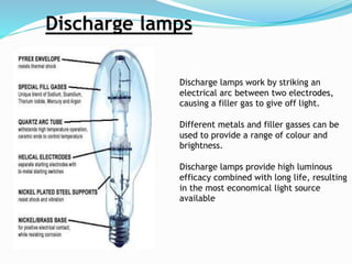 Discharge lamps work by striking an
electrical arc between two electrodes,
causing a filler gas to give off light.
Different metals and filler gasses can be
used to provide a range of colour and
brightness.
Discharge lamps provide high luminous
efficacy combined with long life, resulting
in the most economical light source
available
Discharge lamps
 