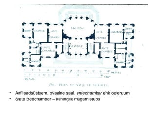 Anfilaadsüsteem, ovaalne saal,  antechamber  ehk ooteruum State Bedchamber – kuninglik magamistuba 