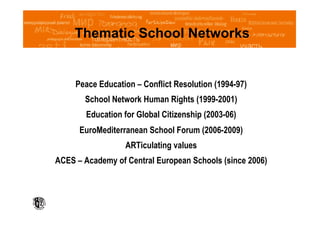Thematic School Networks


     Peace Education – Conflict Resolution (1994-97)
       School Network Human Rights (1999-2001)
        Education for Global Citizenship (2003-06)
      EuroMediterranean School Forum (2006-2009)
                  ARTiculating values
ACES – Academy of Central European Schools (since 2006)
 