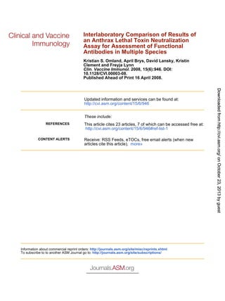 Interlaboratory Comparison of Results of
an Anthrax Lethal Toxin Neutralization
Assay for Assessment of Functional
Antibodies in Multiple Species
Kristian S. Omland, April Brys, David Lansky, Kristin
Clement and Freyja Lynn
Clin. Vaccine Immunol. 2008, 15(6):946. DOI:
10.1128/CVI.00003-08.
Published Ahead of Print 16 April 2008.

These include:
REFERENCES

CONTENT ALERTS

This article cites 23 articles, 7 of which can be accessed free at:
http://cvi.asm.org/content/15/6/946#ref-list-1
Receive: RSS Feeds, eTOCs, free email alerts (when new
articles cite this article), more»

Information about commercial reprint orders: http://journals.asm.org/site/misc/reprints.xhtml
To subscribe to to another ASM Journal go to: http://journals.asm.org/site/subscriptions/

Downloaded from http://cvi.asm.org/ on October 23, 2013 by guest
Downloaded from http://cvi.asm.org/ on October 23, 2013 by guest
Downloaded from http://cvi.asm.org/ on October 23, 2013 by guest
Downloaded from http://cvi.asm.org/ on October 23, 2013 by guest
Downloaded from http://cvi.asm.org/ on October 23, 2013 by guest
Downloaded from http://cvi.asm.org/ on October 23, 2013 by guest
Downloaded from http://cvi.asm.org/ on October 23, 2013 by guest
Downloaded from http://cvi.asm.org/ on October 23, 2013 by guest
Downloaded from http://cvi.asm.org/ on October 23, 2013 by guest

Updated information and services can be found at:
http://cvi.asm.org/content/15/6/946

 