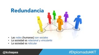 #FormaciónEBusiness 
Redundancia 
• Las redes (humanas) son sociales 
• La sociedad es relacional y vinculante 
• La sociedad es reticular 
 