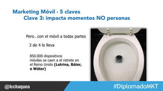 #FormaciónEBusiness 
Marketing Móvil - 5 claves 
Clave 3: impacta momentos NO personas 
Pero…con el móvil a todas partes 
3 de 4 lo lleva 
850.000 dispositivos 
móviles se caen a el retrete en 
el Reino Unido (Letrina, Báter, 
o Wáter) 
 