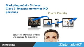 #FormaciónEBusiness 
Marketing móvil - 5 claves 
Clave 3: impacta momentos NO 
personas 
66% de los internautas combina 
una media de 2,2 dispositivos 
Fuente: 
Gh, 
Tecnosistema 
de 
Conexión 
a 
Internet; 
mayo 
2011. 
Cuarta Pantalla 
 