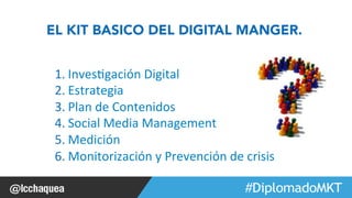 EL KIT BASICO DEL DIGITAL MANGER. 
#FormaciónEBusiness 
1. Inves1gación 
Digital 
2. Estrategia 
3. Plan 
de 
Contenidos 
4. Social 
Media 
Management 
5. Medición 
6. Monitorización 
y 
Prevención 
de 
crisis 
 