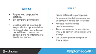 #FormaciónEBusiness 
WEB 1.0 
• Página web corporativa 
estática. 
• Sin campaña promoción. 
• Usuario solo se informa de 
los productos. (pocas visitas) 
• Si tiene dudas puede llamar 
por teléfono o enviar un 
correo, pero no interactuar a 
través del portal. 
WEB 2.0 
• Página colaborativa-participativa. 
• Se involucra con la implementación 
de campañas que le dan visibilidad. 
• Renueva sus contenidos 
permanentemente. 
• Tiene herramientas de atención en 
línea y de opinión como chat en vivo 
y blogs. 
• Los usuarios pueden comprar en 
línea y pagar. 
 