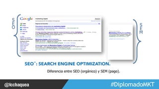 #FormaciónEBusiness 
SEO”: SEARCH ENGINE OPTIMIZATION. 
S 
EO 
S 
EM 
Diferencia entre SEO (orgánico) y SEM (pago). 
 