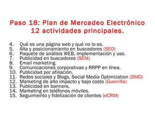 Paso 18: Plan de Mercadeo Electrónico  12 actividades principales. Qué es una página web y qué no lo es. Alta y posicionamiento en buscadores  (SEO) Paquete de análisis WEB, implementación y uso. Publicidad en buscadores  (SEM) Email marketing. Comunicaciones corporativas y RRPP en línea. Publicidad por afiliación. Redes sociales y Blogs. Social Media Optimization  (SMO) Marketing de alto impacto y bajo costo  (Guerrilla) Publicidad en banners. Marketing en teléfonos móviles. Seguimiento y fidelización de clientes  (eCRM) 