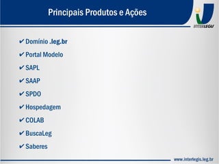 ✔ Domínio .leg.br
✔ Portal Modelo
✔ SAPL
✔ SAAP
✔ SPDO
✔ Hospedagem
✔ COLAB
✔ BuscaLeg
✔ Saberes
Principais Produtos e Ações
 