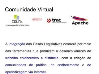 Comunidade Virtual
A integração das Casas Legislativas ocorrerá por meio
das ferramentas que permitem o desenvolvimento de...